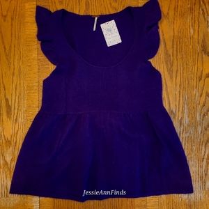 NWT Free People Purple Soft Wool Blend Boho Ruffle Sleeve Tie Waist Sweater Med